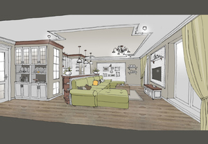 Заказать  через Интернет персональный Блиц-проект интерьеров жилого пространства в г. Стрий  . Кухня-гостиная 37м2. Вид 1